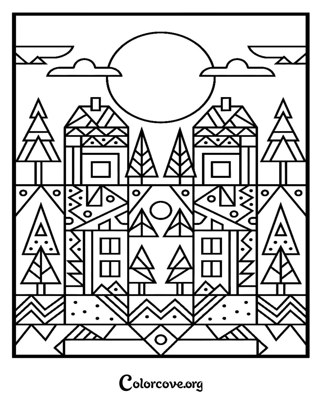 Unwind with this intricate geometric village coloring page, featuring bold patterns and structured nature scenes. Print this unique pattern design instantly for a relaxing and creative artistic experience.