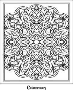 An intricate mandala pattern coloring page for adults and kids featuring symmetric geometric shapes and artistic line art ready to print.