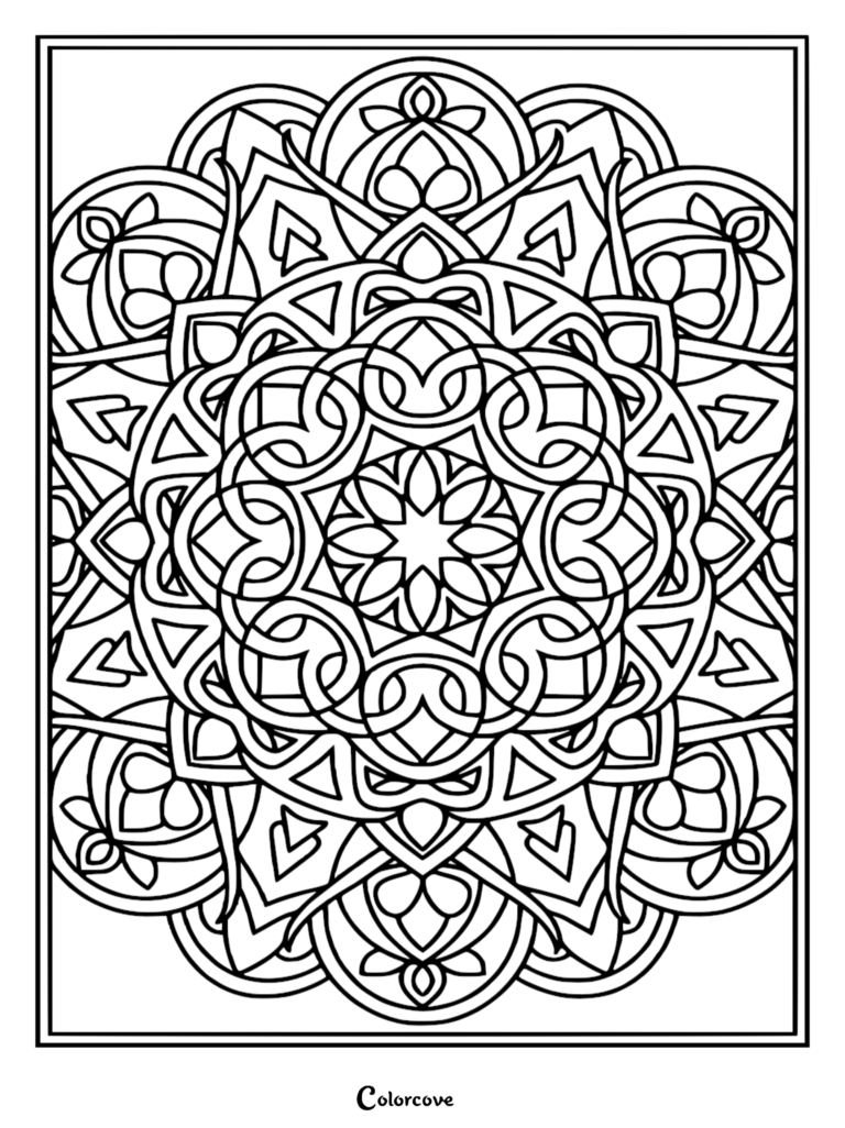 A printable coloring page featuring a symmetrical mandala with interlocking Celtic-style knots, petal shapes, and bold geometric outlines.