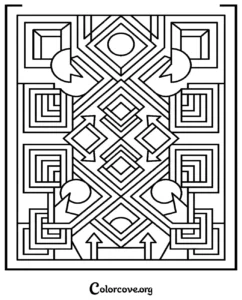 A complex geometric abstract pattern coloring page featuring squares, arrows, and circles for adults and kids.