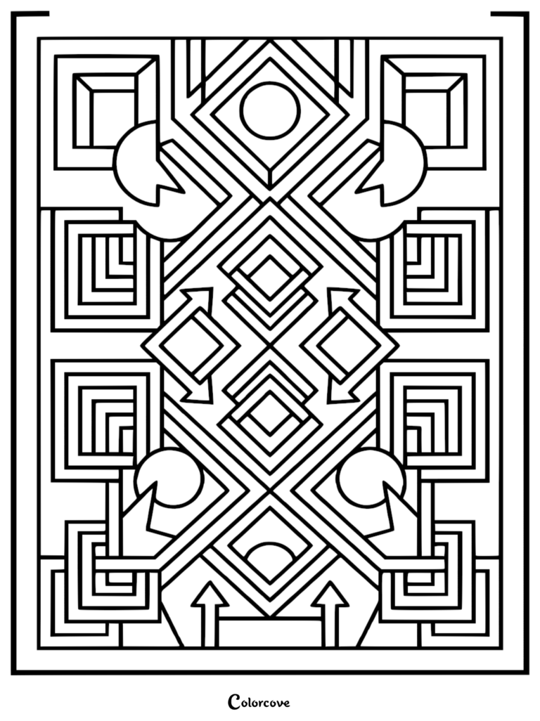 A geometric abstract coloring page featuring symmetrical squares, circles, and arrow shapes in a bold line art style.