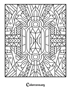Intricate Art Deco inspired geometric pattern coloring page featuring symmetrical abstract shapes and sharp lines for adults and teens.