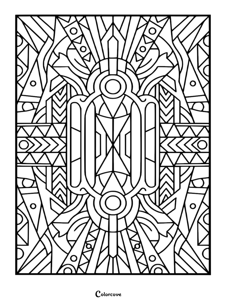 A symmetrical Art Deco style coloring page featuring bold geometric shapes, circles, and chevron patterns in a vertical composition.