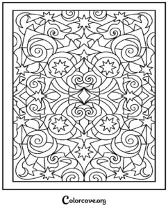 A detailed geometric pattern coloring page featuring swirling celestial stars and moons for stress-relieving art.