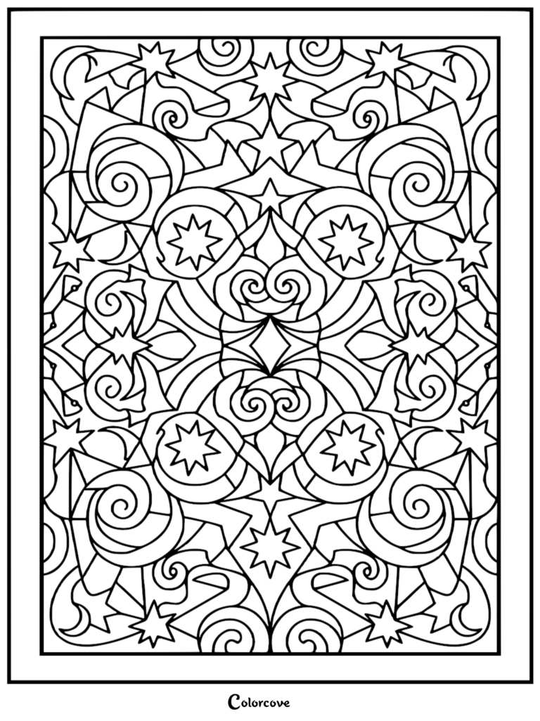 A celestial pattern coloring page featuring intricate swirls, crescent moons, and eight-pointed stars in a symmetrical geometric arrangement.