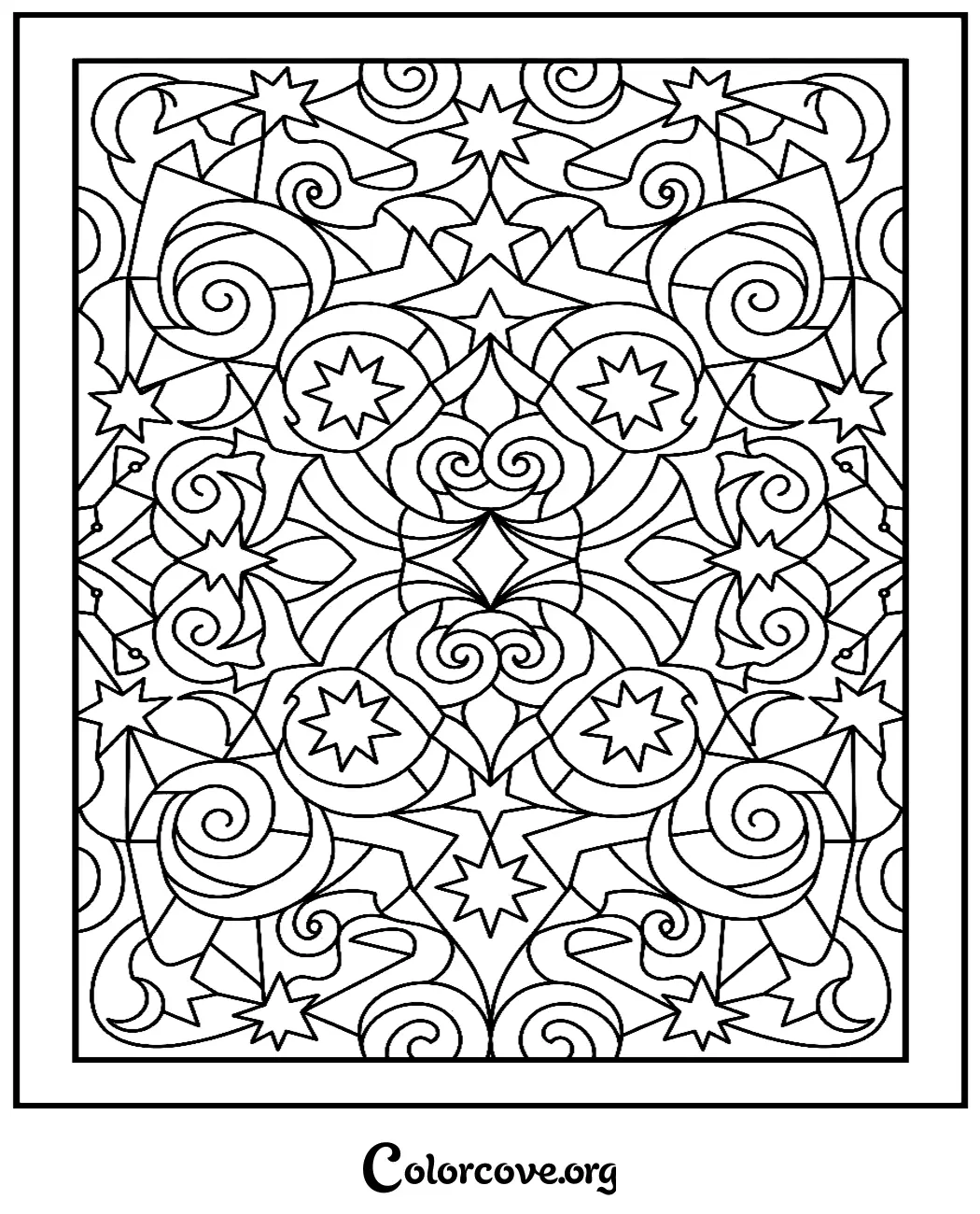 Escape into creativity with this intricate celestial-themed pattern coloring page. Download and print this beautiful geometric design in seconds for a relaxing and meditative coloring experience.