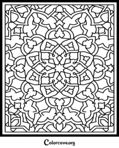 A beautiful geometric pattern coloring page featuring an intricate mandala-style design for relaxation and stress relief.