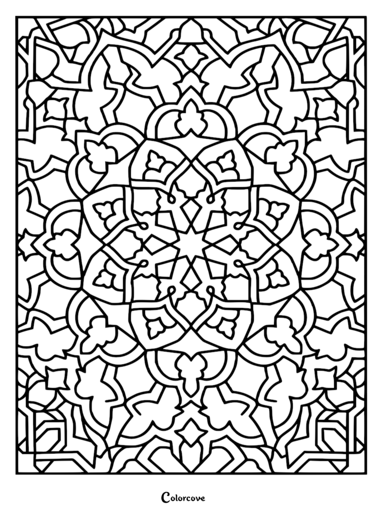 A geometric Islamic pattern coloring page featuring an intricate central star motif surrounded by interlocking floral-inspired shapes and bold black lines.