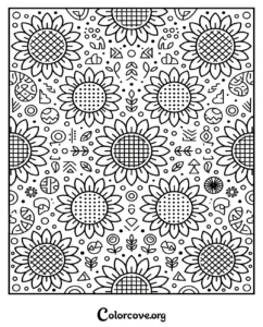 A beautiful sunflower and geometric shapes pattern coloring page featuring intricate flowers and abstract designs for adults and kids.