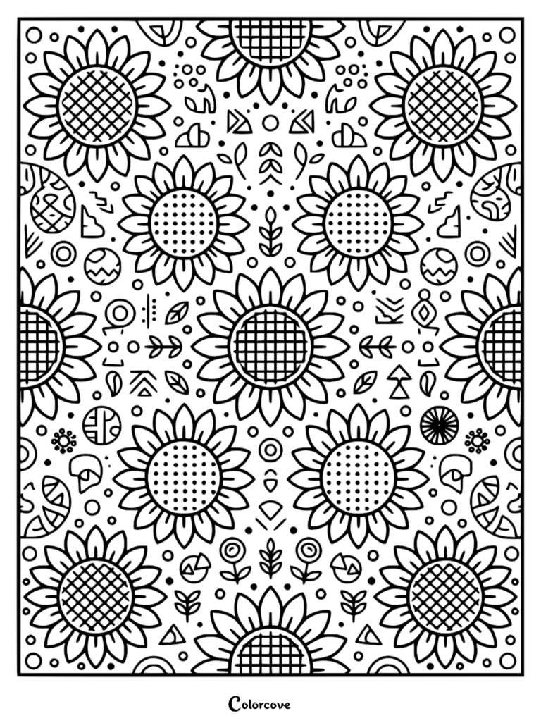 A detailed sunflower pattern coloring page featuring repeating floral motifs, geometric shapes, dots, and small leaves in a clean line art style.