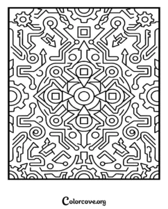 A complex geometric pattern coloring page featuring mechanical gears, futuristic circuit board lines, and abstract shapes for adults and kids.