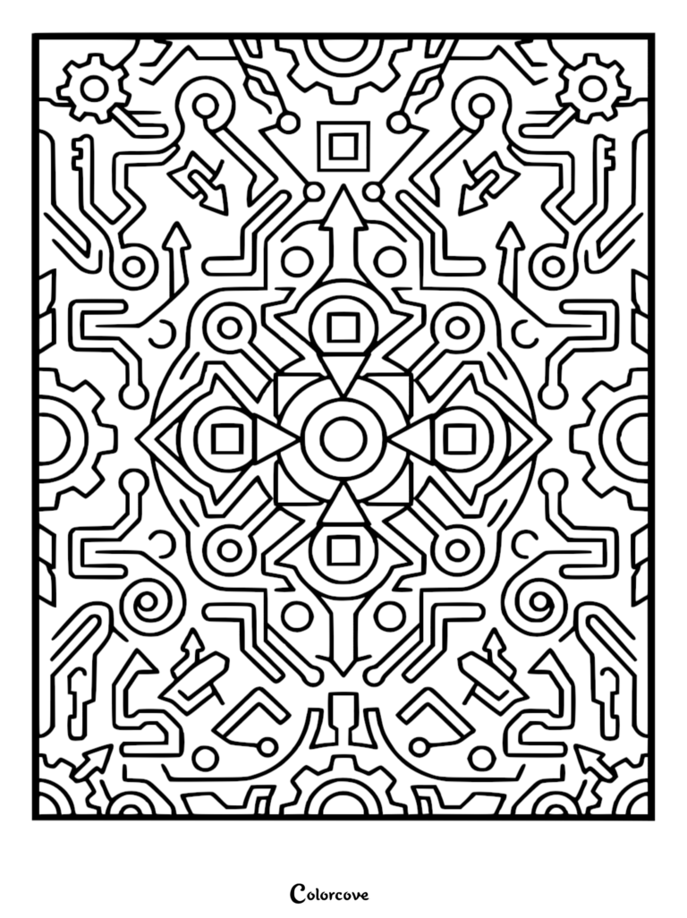 A complex mechanical circuit pattern coloring page featuring interconnected gears, arrows, and geometric shapes in a symmetrical layout.
