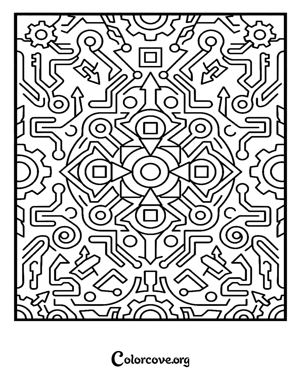 Unwind with this intricate steampunk-inspired circuitry pattern coloring page. Download and print this detailed design instantly to enjoy hours of creative relaxation.