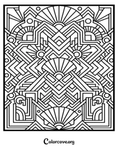 An intricate Art Deco style geometric pattern coloring page for adults, featuring fan shapes and clean black and white lines.