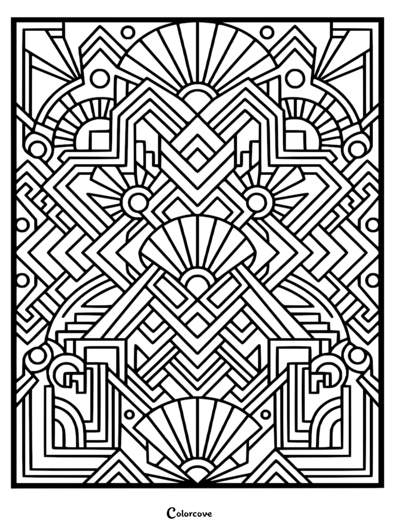 Intricate Art Deco style geometric coloring page featuring symmetrical sunburst fans, bold lines, and repeating angular shapes.