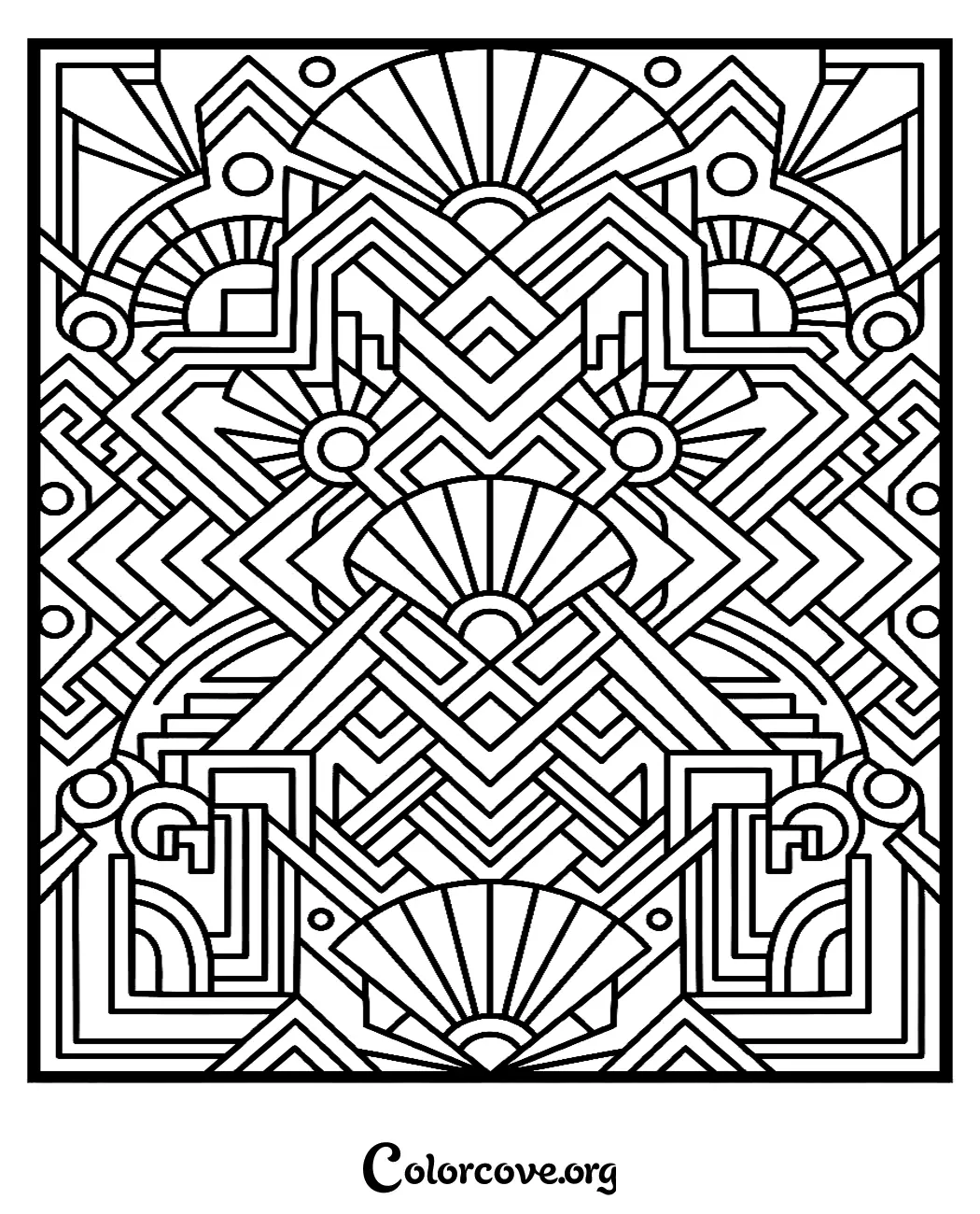 Unwind with this sophisticated Art Deco geometric pattern coloring page. Download and print this detailed design instantly for a relaxing creative session.