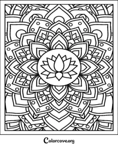 Intricate lotus flower mandala pattern coloring page with symmetrical geometric shapes and zen-inspired floral outlines for relaxation.