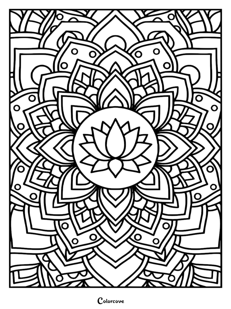 Intricate lotus flower mandala coloring page featuring symmetrical geometric petals and circular accents.
