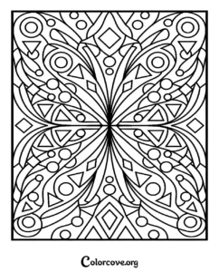Intricate abstract geometric pattern coloring page featuring circles, triangles, and diamonds for mindful relaxation and artistic coloring.
