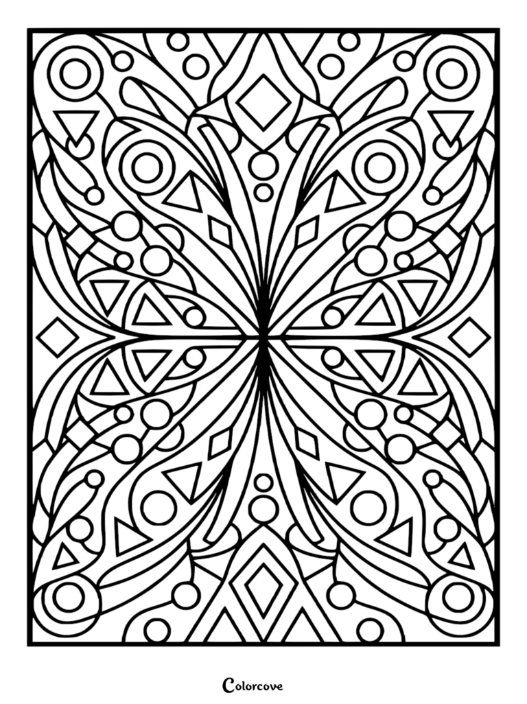 Symmetrical butterfly coloring page featuring geometric shapes including circles, triangles, and diamonds within flowing wing outlines.