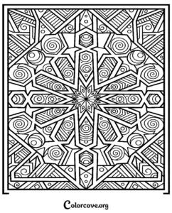 A complex geometric pattern coloring page featuring mandalas and symmetrical shapes for relaxation and artistic expression.