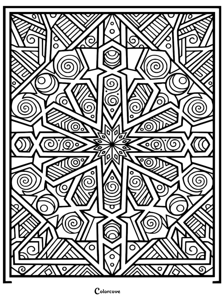 Intricate geometric star pattern coloring page featuring concentric spirals, diagonal stripes, and bold black lines.