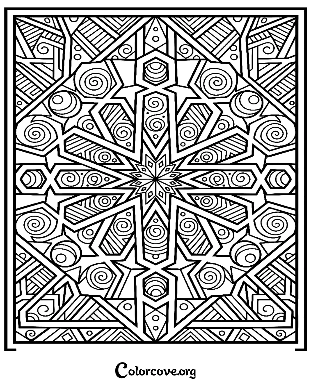 Unwind with this beautiful, intricate geometric pattern coloring page designed for adults and teens. Print this detailed design instantly to enjoy hours of creative, stress-relieving coloring fun.