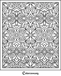A beautiful geometric floral pattern coloring page featuring symmetrical mandala-style swirls and flowers for relaxation.