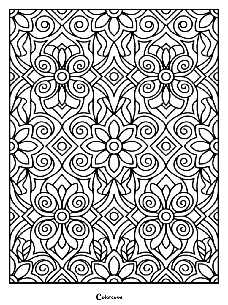 A printable coloring page featuring a repeating pattern of stylized flowers, swirling scrolls, and diamond shapes with thick black outlines.