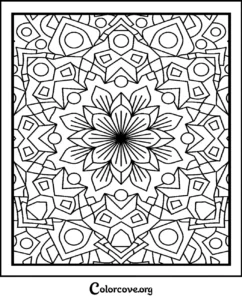 A complex geometric mandala pattern coloring page for adults and kids featuring intricate symmetrical shapes and flower-like designs.