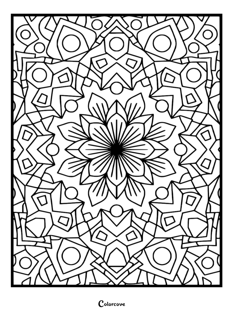 A symmetrical geometric mandala coloring page featuring a central flower surrounded by angular shapes and circular accents.