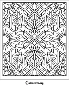 An intricate geometric and floral mandala pattern coloring page with sun symbols for adults and teens to print.