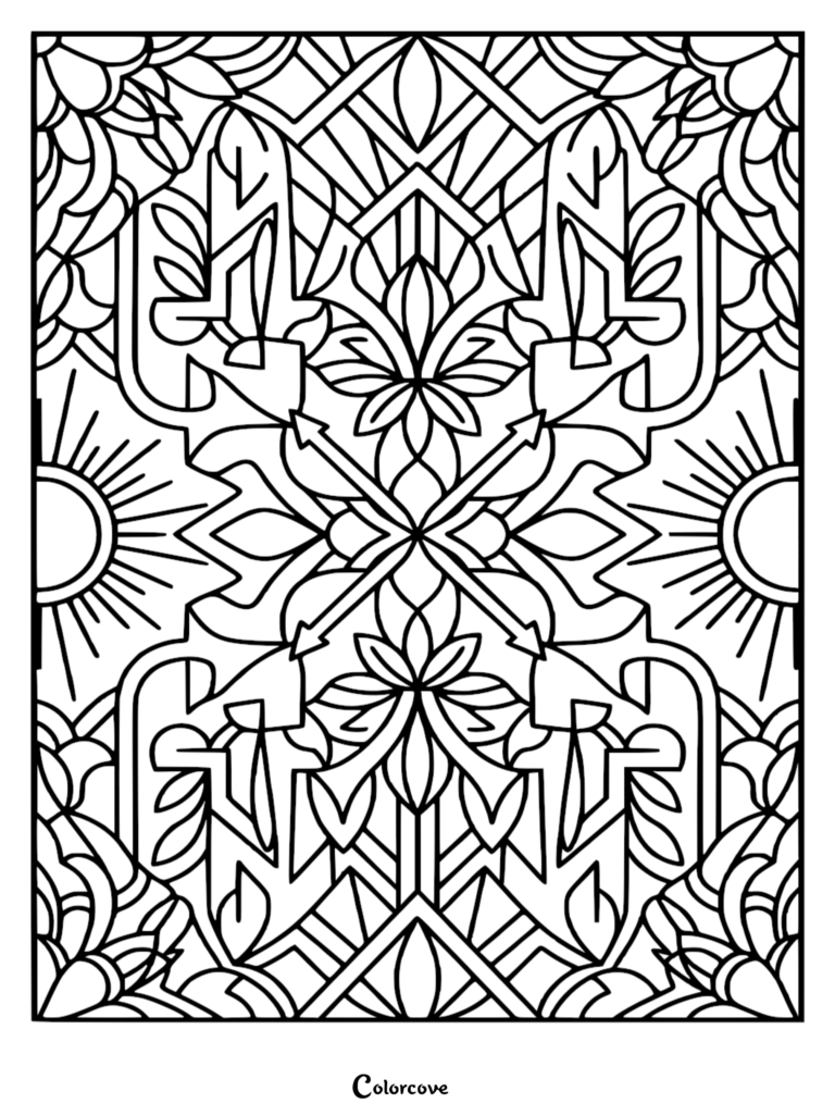 A symmetrical Art Deco style coloring page featuring geometric sunbursts, stylized leaves, and intricate diamond-shaped line art.
