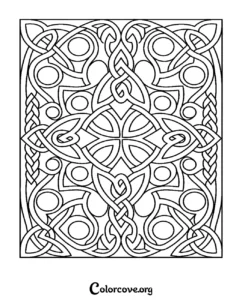 An intricate Celtic knot pattern coloring page featuring complex braided designs for adults and teens to print and color.