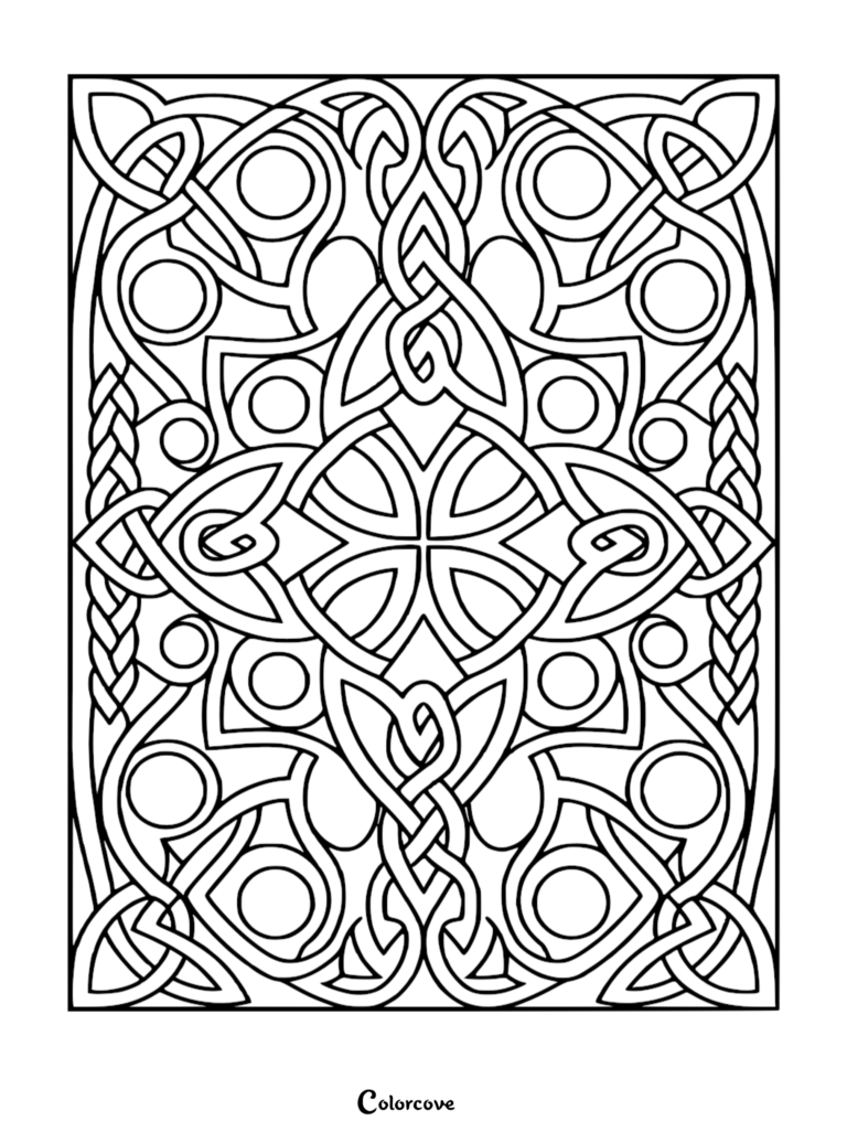 A detailed Celtic knotwork coloring page featuring symmetrical interlacing lines, circular accents, and braided side borders.