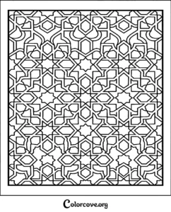 An intricate geometric Islamic pattern coloring page featuring complex star and polygon shapes for adults and children to color.