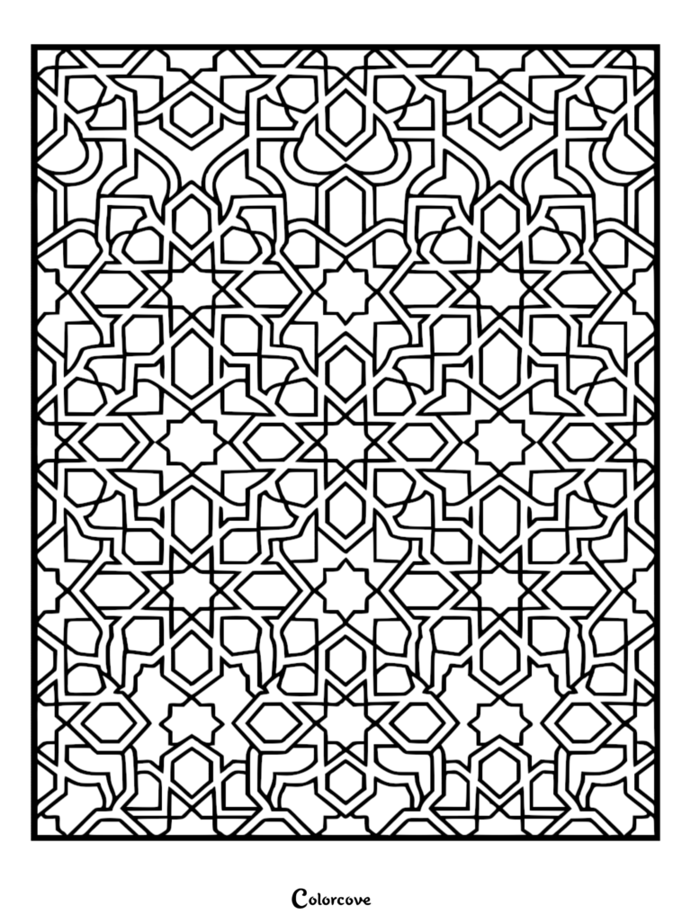 A complex geometric pattern coloring page featuring interlocking stars, hexagons, and octagons in a traditional Islamic art style.