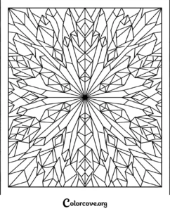 A complex geometric pattern coloring page featuring sharp, crystal-like shapes radiating from a central point for adults and kids.