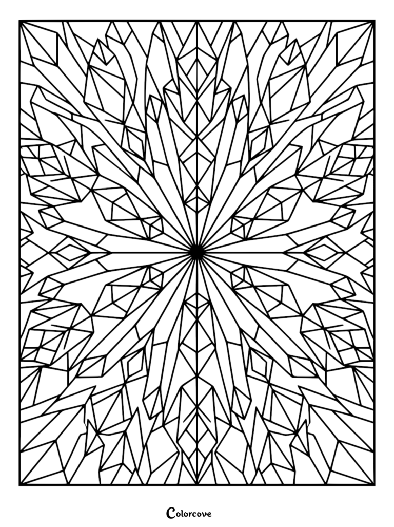 A geometric crystal pattern coloring page featuring sharp, angular lines radiating from a central point in a symmetrical, diamond-like arrangement.