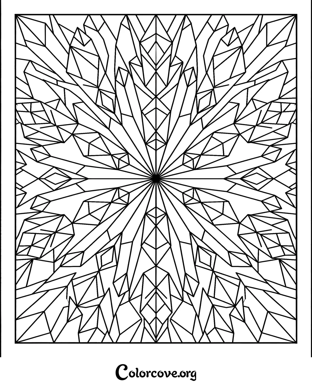 Unwind with this intricate geometric crystal pattern coloring page. Download and print this sharp, angular design for free to enjoy a relaxing and mindful coloring session.