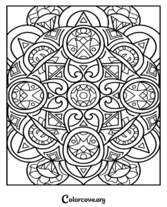 A complex geometric mandala pattern coloring page for adults and kids featuring intricate shapes and circular symmetrical designs.