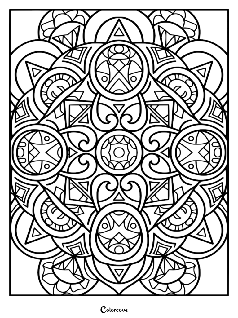 A symmetrical geometric mandala coloring page featuring intricate circular motifs, swirling scrolls, and sharp triangular shapes.