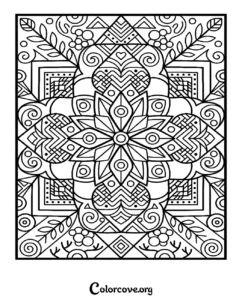 A detailed geometric pattern coloring page featuring intricate symmetrical shapes and floral-inspired elements for stress relief.