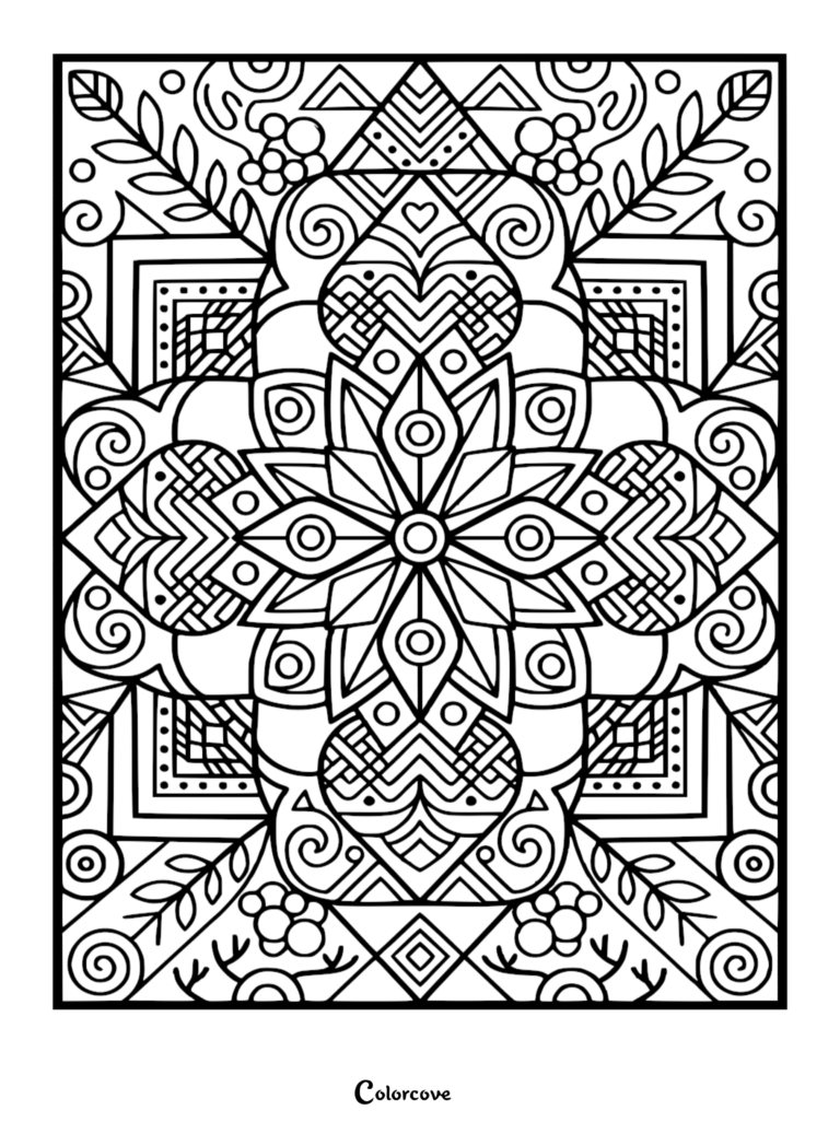 A symmetrical geometric coloring page featuring a central starburst surrounded by intricate woven hearts, swirls, and leafy botanical accents.