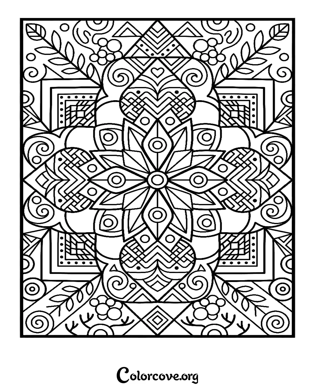 Unwind with this beautiful geometric pattern coloring page, featuring complex symmetrical designs and elegant linework. This printable art is perfect for adults and teens looking for a relaxing and mindful creative activity.