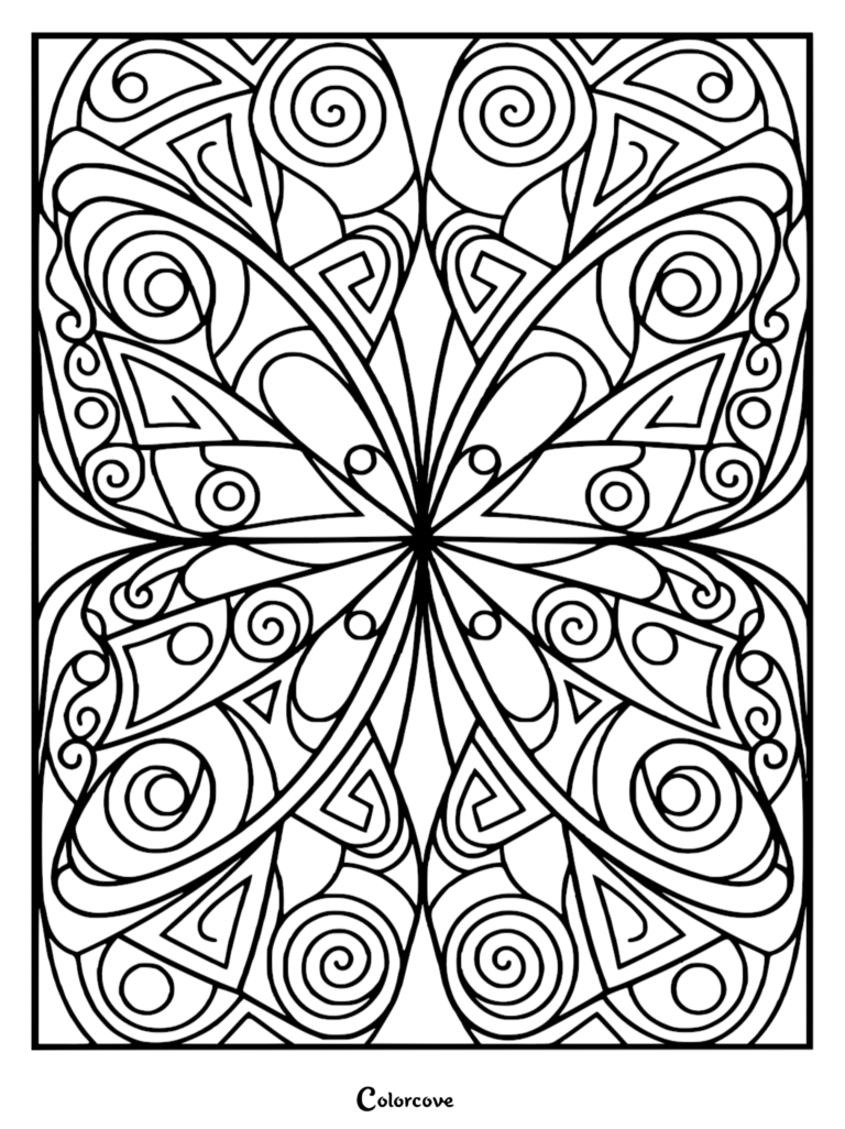 A symmetrical coloring page featuring intricate black and white line art with repeating spirals, geometric curves, and floral-inspired shapes.