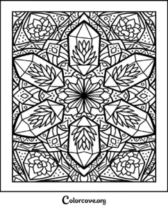A detailed geometric mandala coloring page featuring succulents and crystals for stress-relief and relaxation.