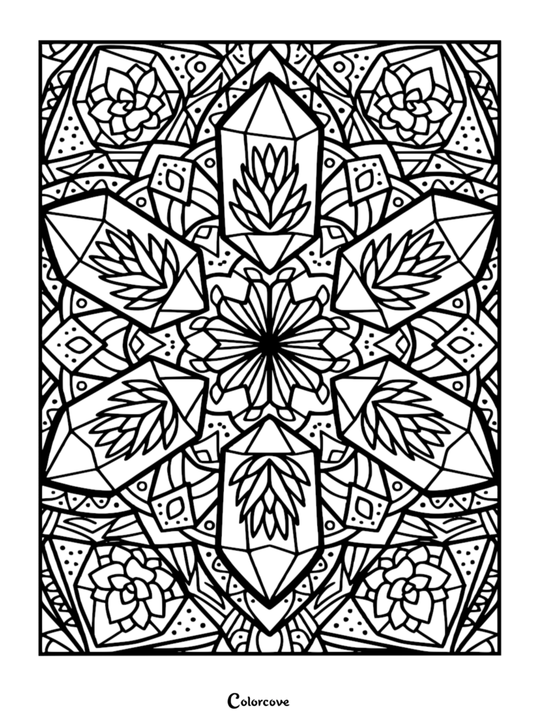 Intricate mandala coloring page featuring hexagonal crystals containing succulent plants surrounded by geometric patterns and dots.