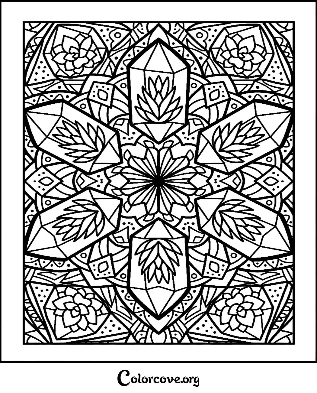 Unwind with this intricate crystal and succulent pattern coloring page. Download and print this beautiful geometric design in seconds to enjoy a mindful coloring experience.