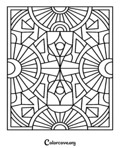 An intricate geometric Art Deco pattern coloring page featuring sunburst circles and abstract shapes, perfect for relaxing adult coloring.